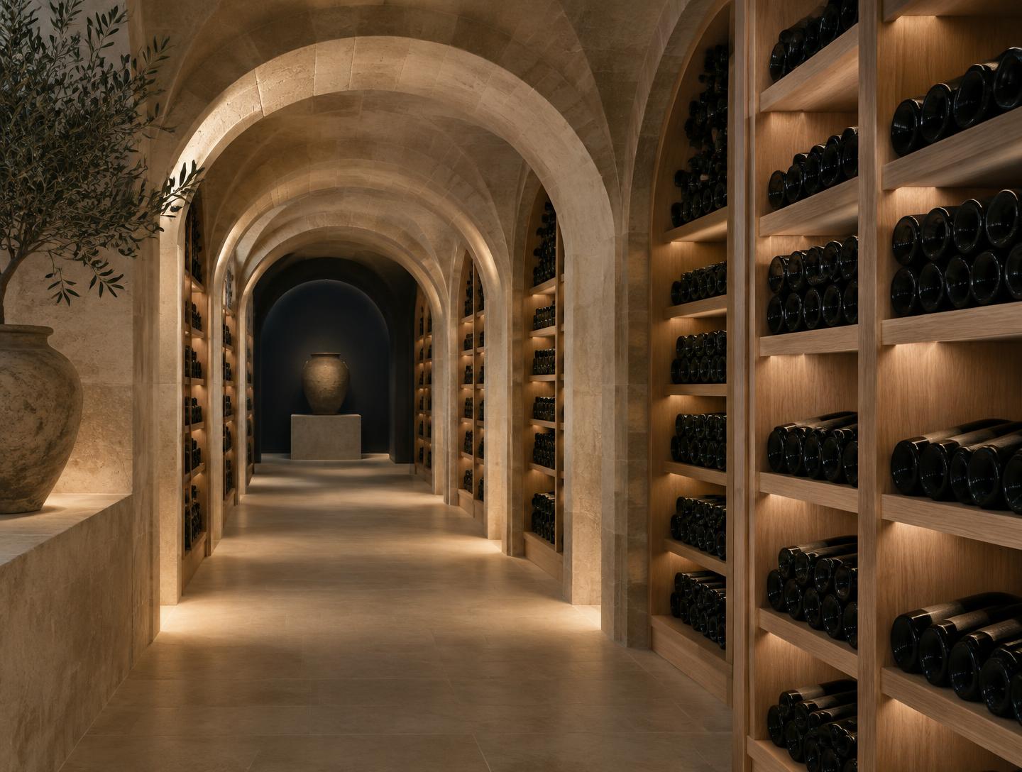 Cava con botellas de vino en estantes de madera bajo arcos de piedra